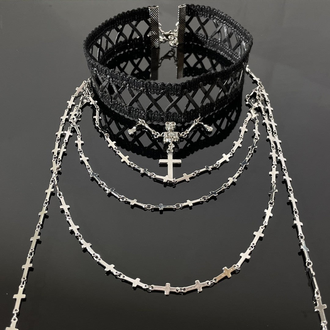 Goth Punk Cross and Skull Double Layer Choker Necklace