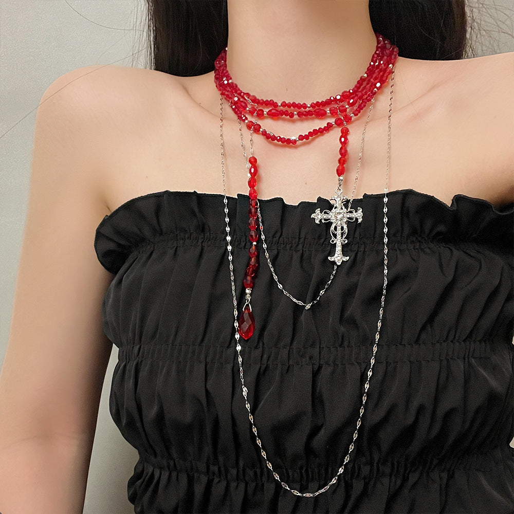 Gothic Girl Rote Perlen Kreuz Mehrlagige Halskette Choker