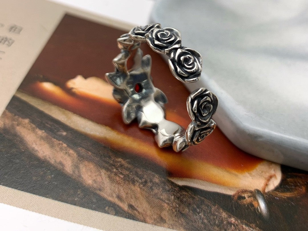 S925 Silber Vintage Rote Rose Ring