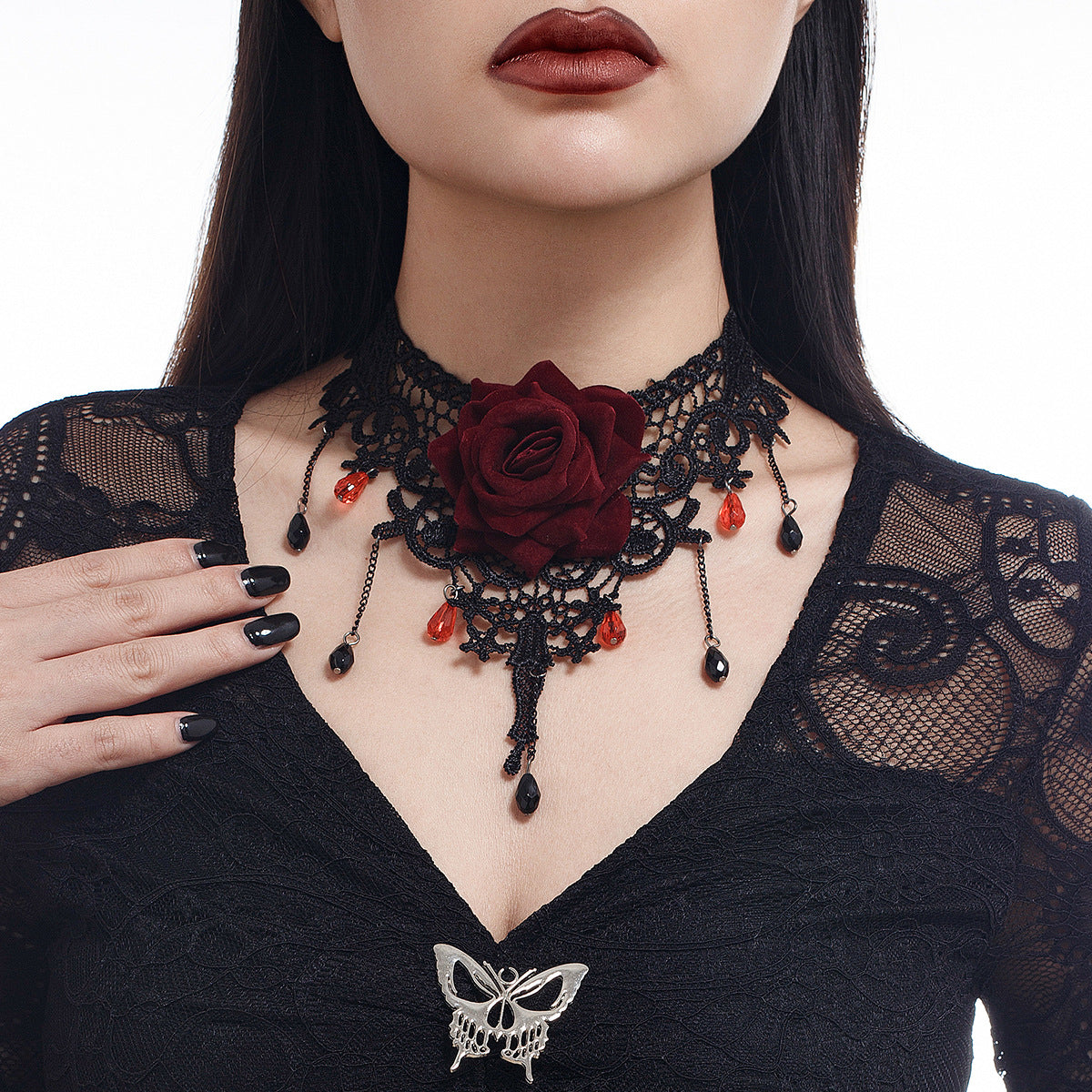 Gothic Girl Spitze Rote Rose Quaste Choker Halskette