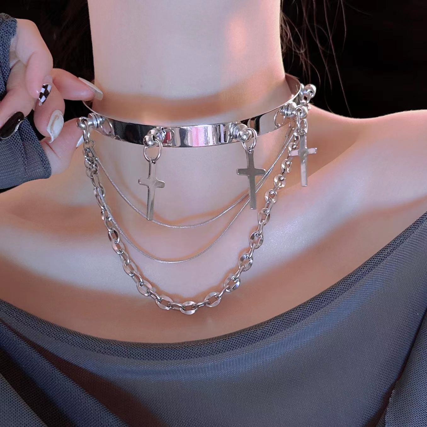 Exquisite Unisex Silver Cross Tassel Choker