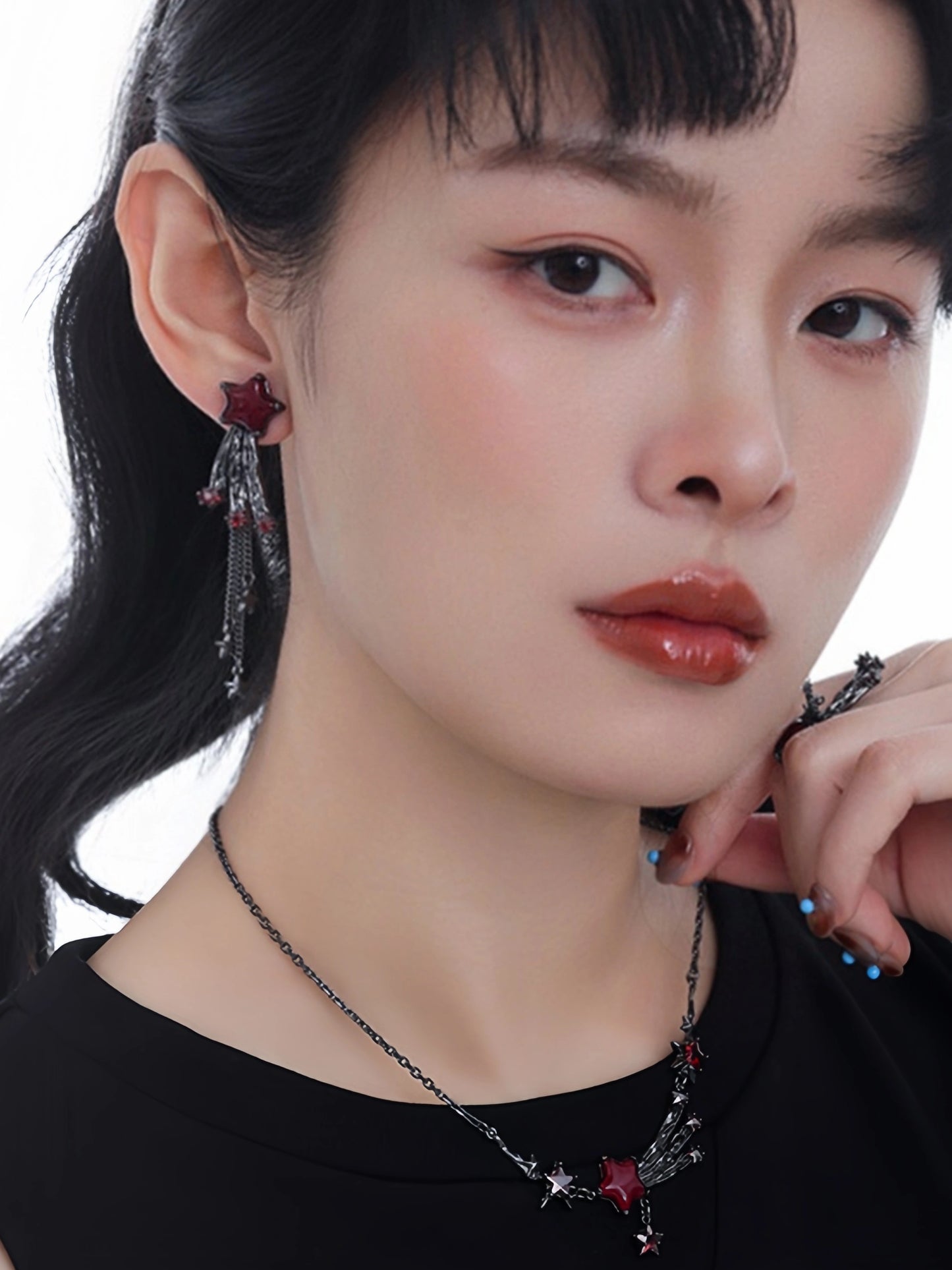Goth Scarlet Black Meteor Tassel Earrings
