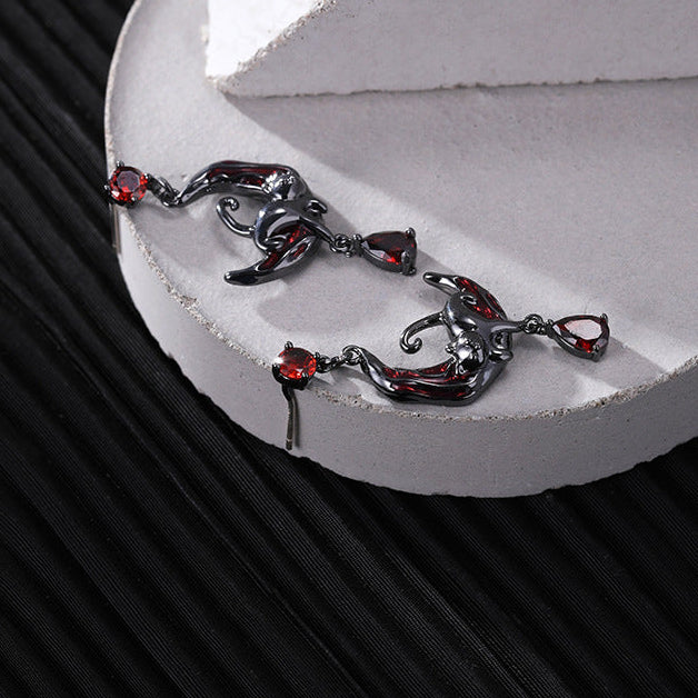 Boucles d'oreilles clous chat gothique Y2K et lune rouge