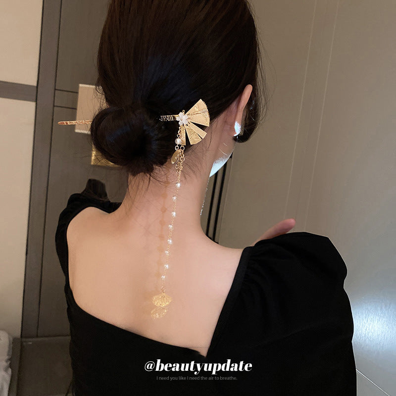 Chinese Style Gold Fan Floral Tassel Hairpin