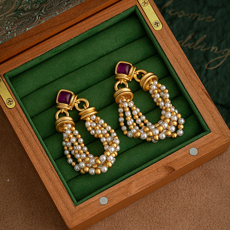 Vintage Women 18K Gold-Plated Beaded Tassel Earring