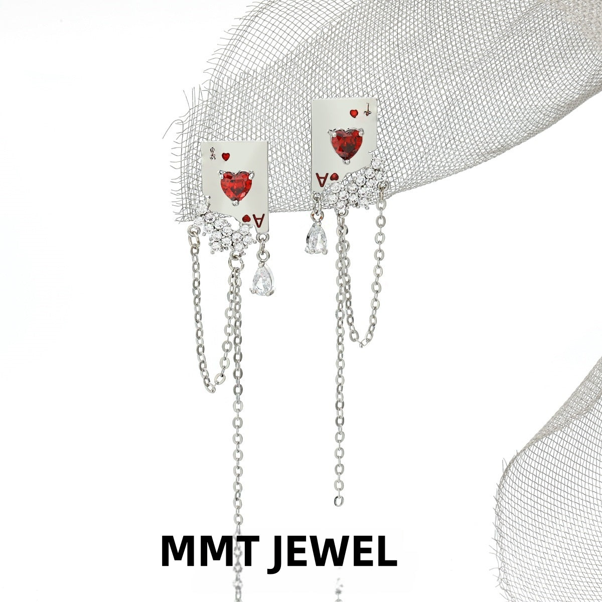Ace of Red Hearts Tassel Stud Earrings