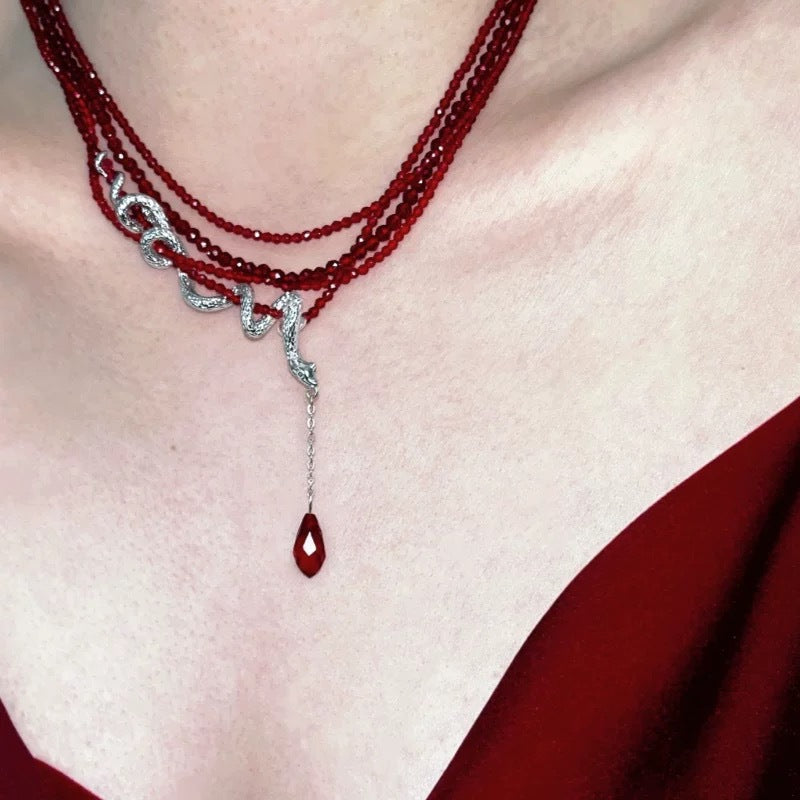 Red Crystal Beads Layered Snake Necklaces