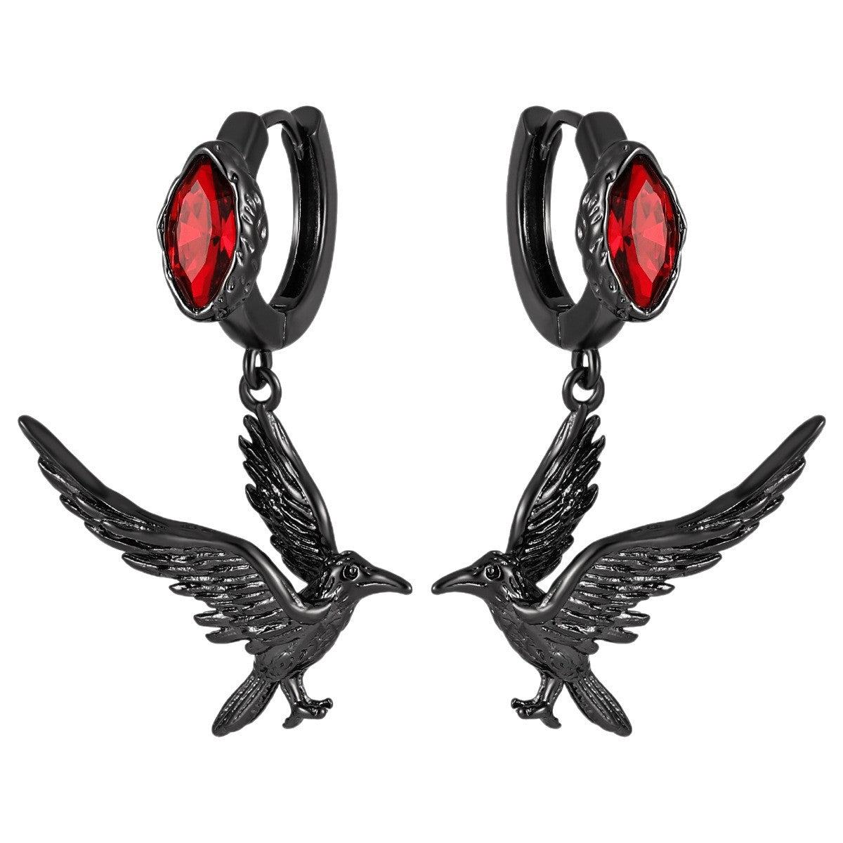 Goth Black Raven Hoop Earrings