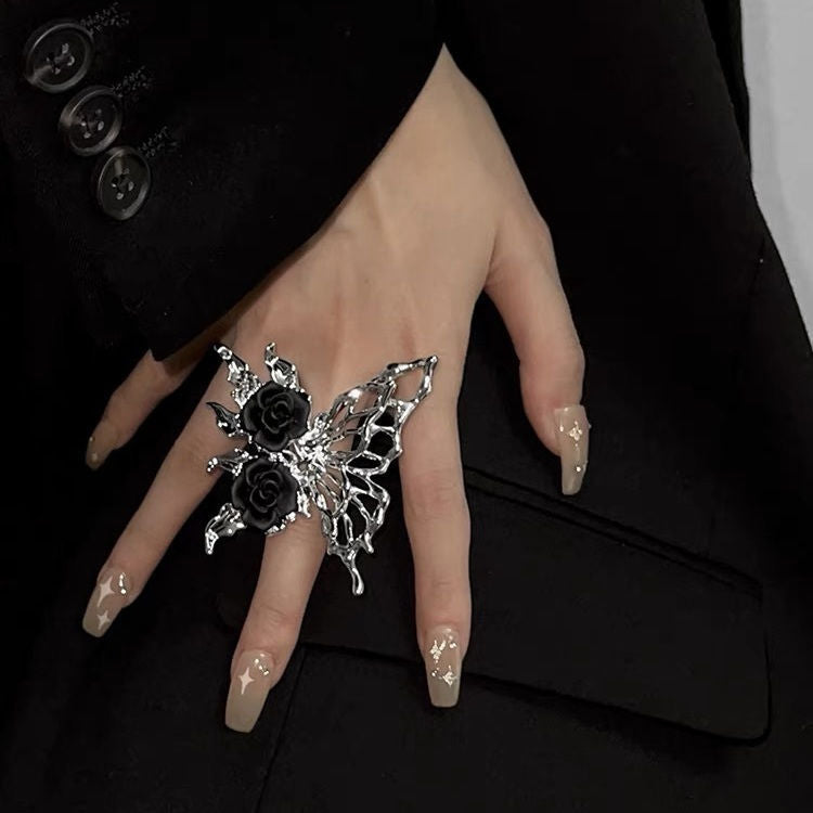 Authentischer verstellbarer Silberring mit Schmetterling und schwarzer Rose