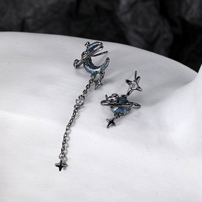 Goth Dark Sweet & Cool Star & Moon Asymmetric Stud Earrings