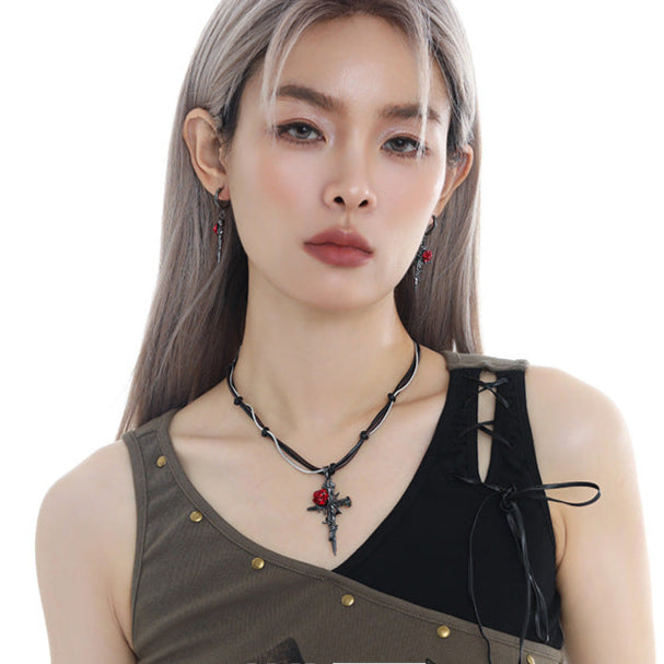 Gothic Style Red Rose & Cross Zircon Necklace