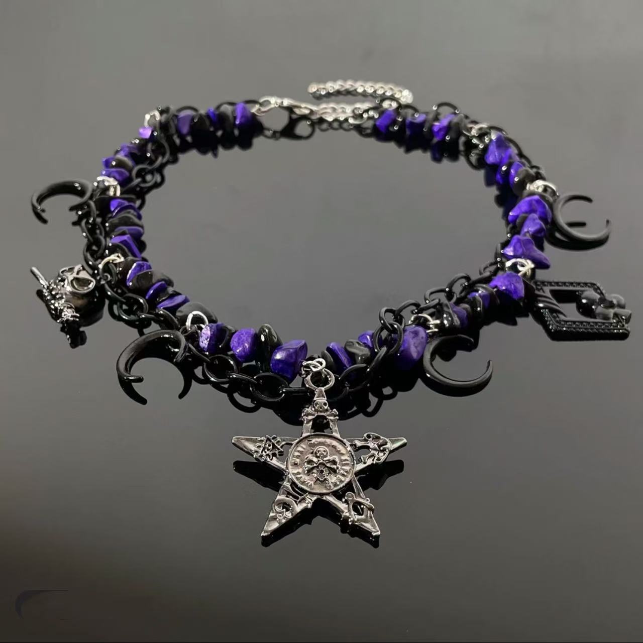 Goth Punk Purple Beads Star & Moon Choker Necklace