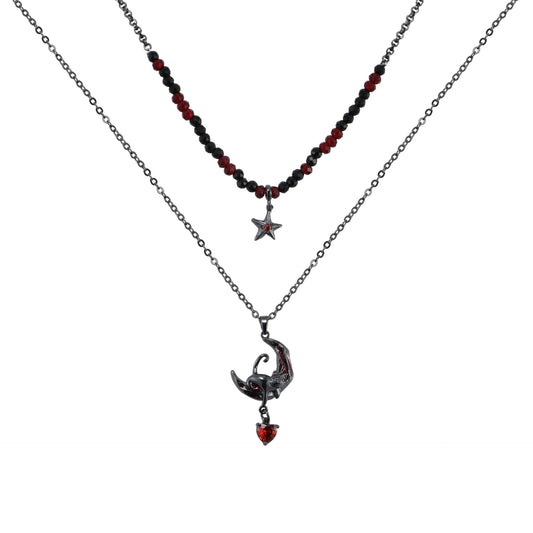 Y2K Goth Black Cat & Red Moon Double Layer Necklace for Arlecchino & Lyney
