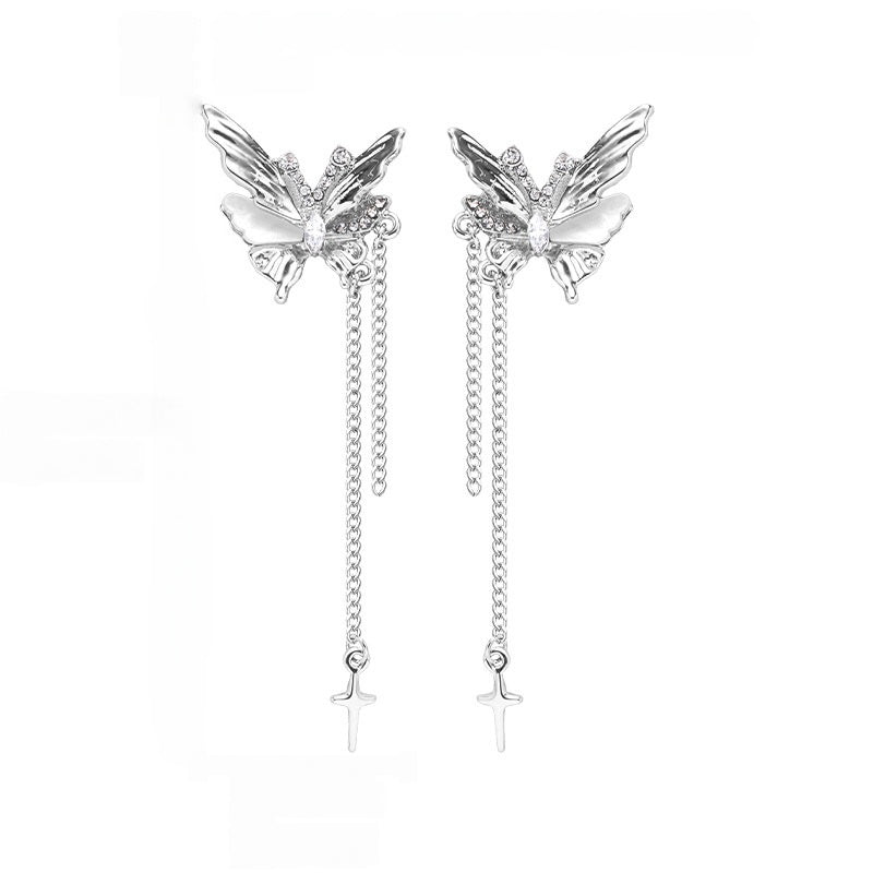 Chic Hua Cheng Silver Butterfly Long Tassel Stud Earring