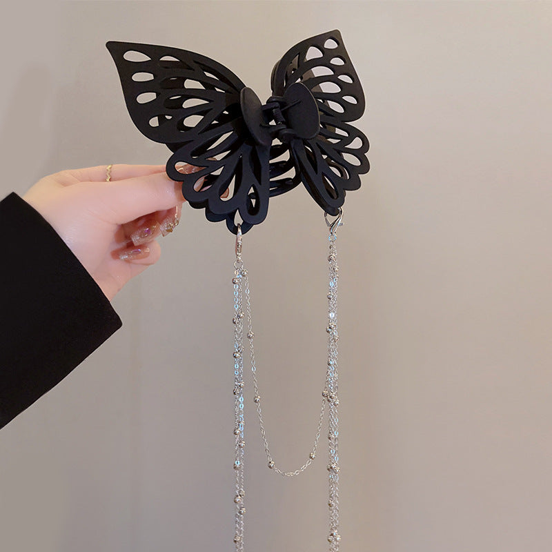 Wunderschöne große Haarnadel aus Kunstharz mit Schmetterling und langer Quaste, schwarz