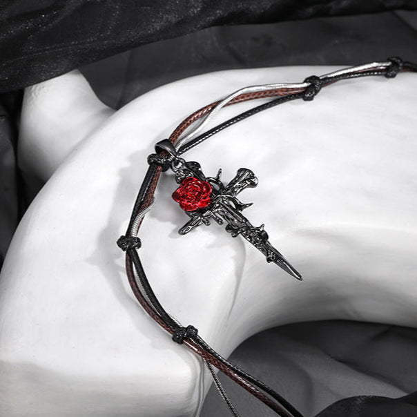 Gothic Style Red Rose & Cross Zircon Necklace