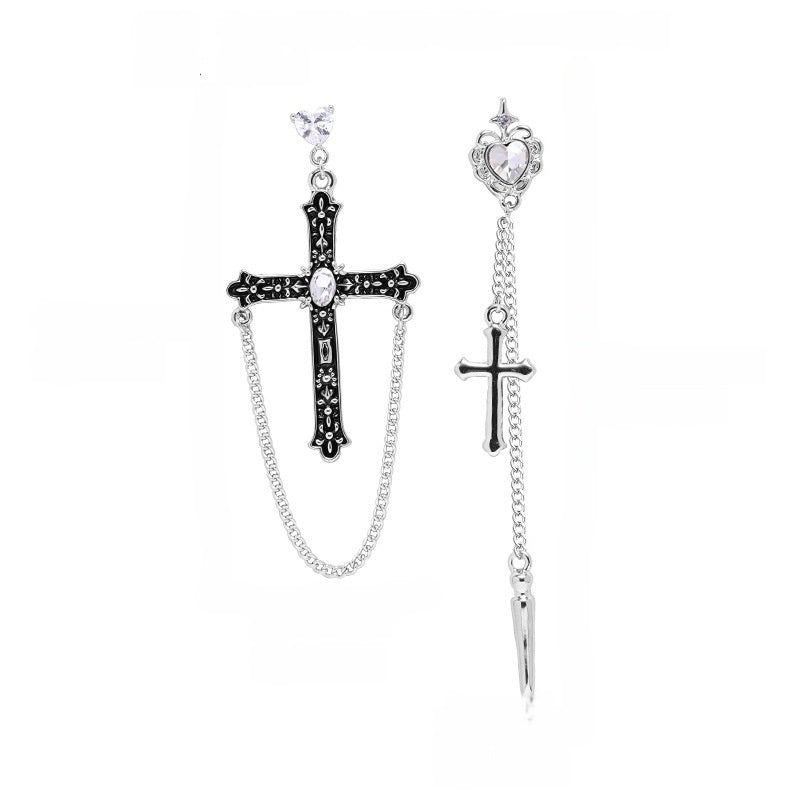 Y2K Gothic Punk Cross Rhinestone Asymmetrical Earrings