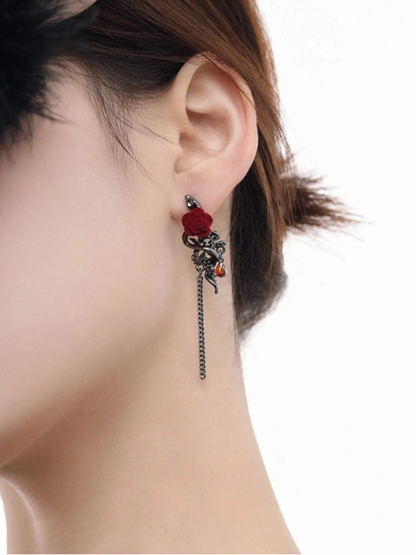 Y2K Snake & Rose Asymmetric Earrings