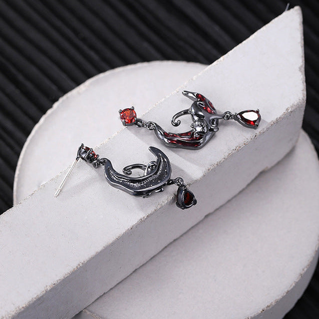 Boucles d'oreilles clous chat gothique Y2K et lune rouge