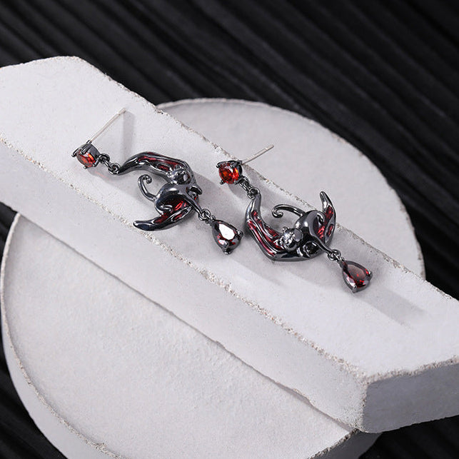 Boucles d'oreilles clous chat gothique Y2K et lune rouge