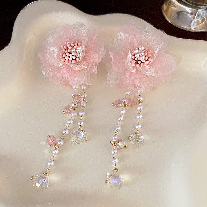 Süße rosa Blume Kristall Quaste Ohrring &amp; Choker Halskette