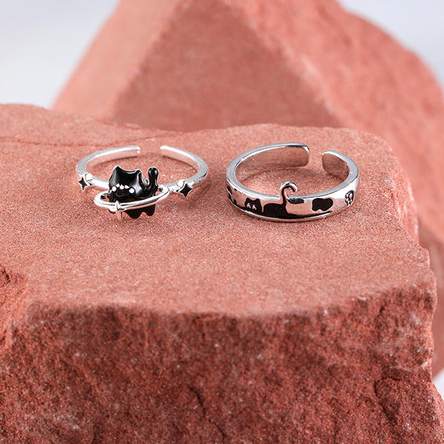 Cute Doodle Black Cat Couple Rings