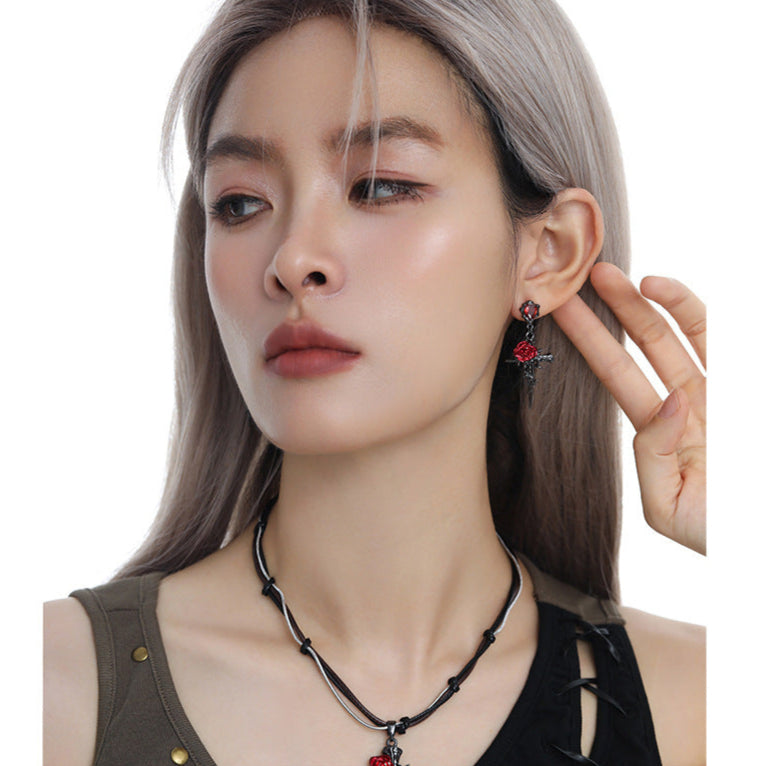 Gothic Style Red Rose & Cross Zircon Stud Earrings