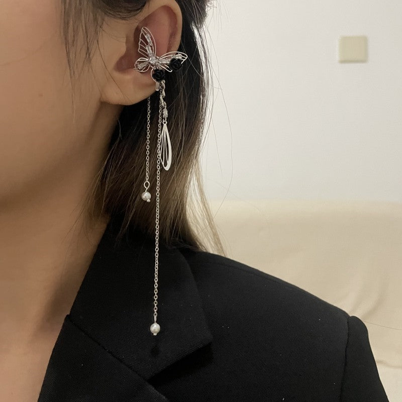 Fancy Butterfly Rhinestone Tassel Ear Cuffs
