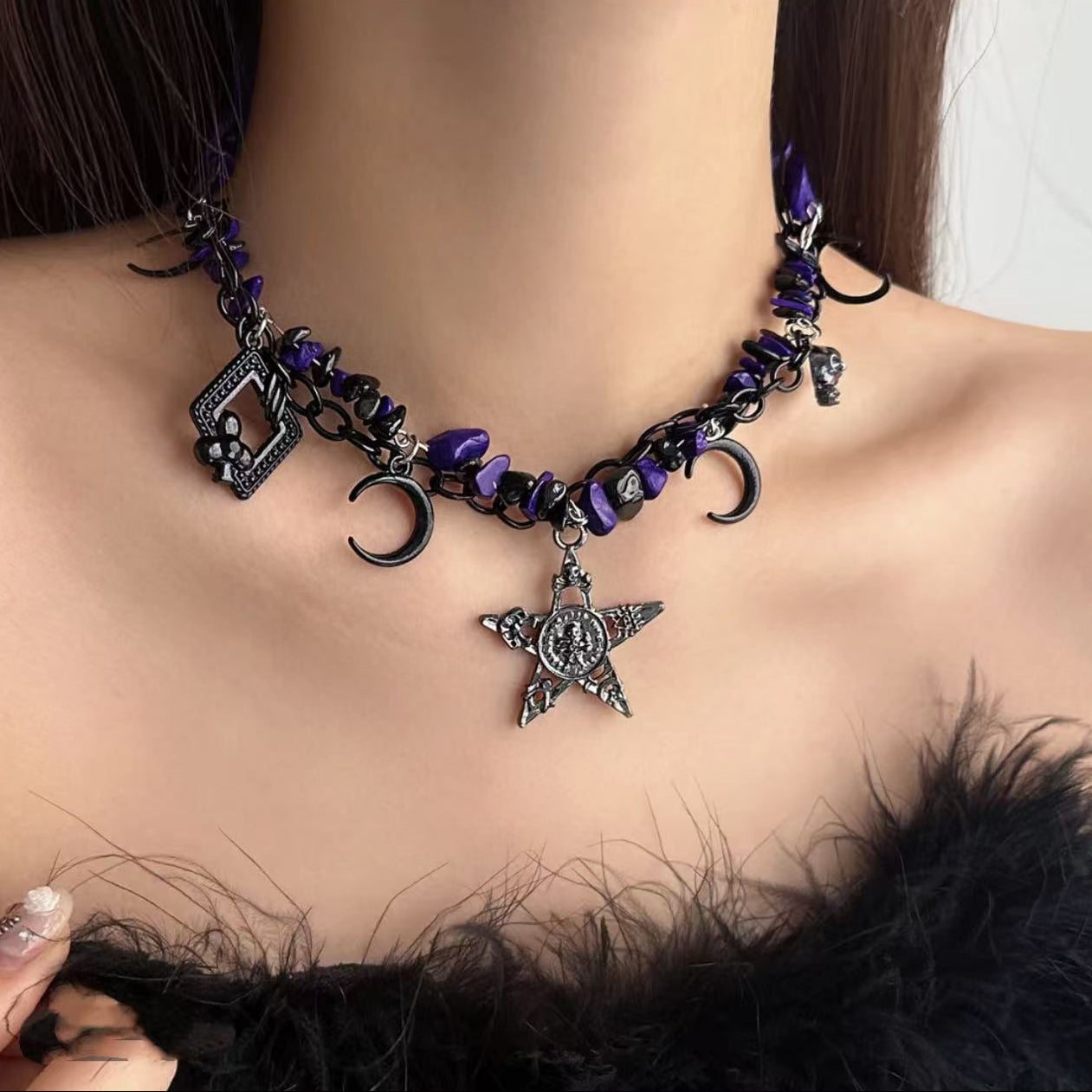 Goth Punk Purple Beads Star & Moon Choker Necklace