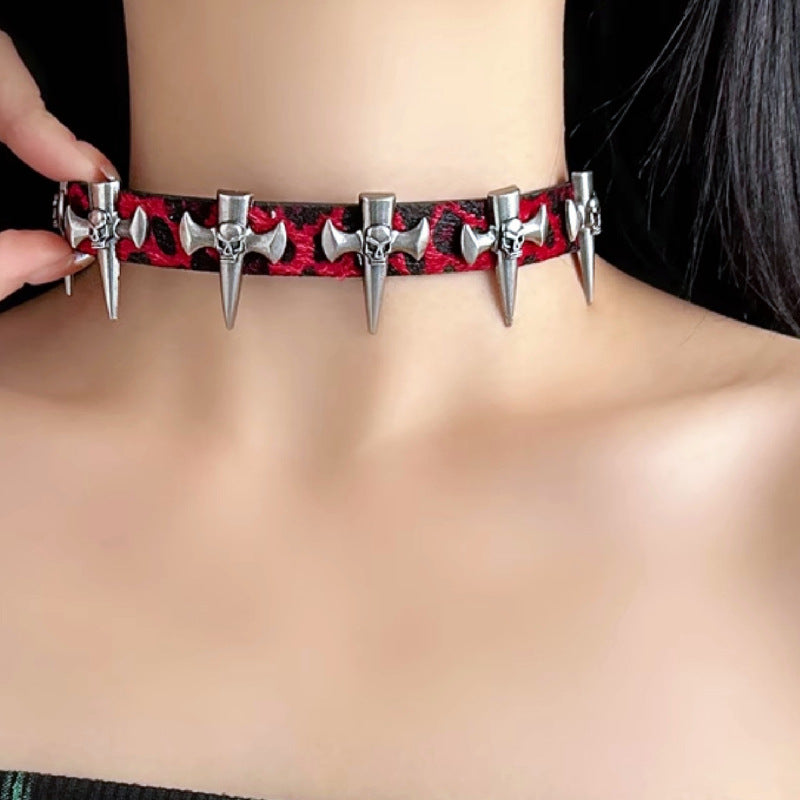Punk Gothic Weinrot Leopardenmuster Herz/Kreuz Choker Halskette