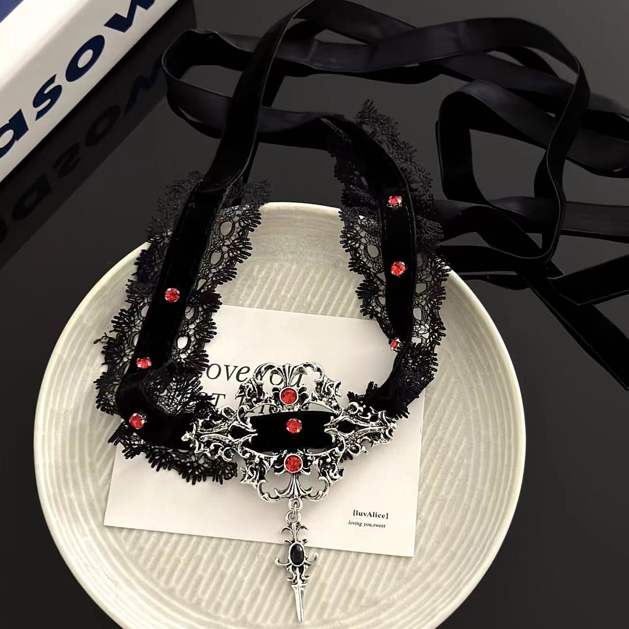 Gothic Punk Schwarz Velet Rot Strass Halsband