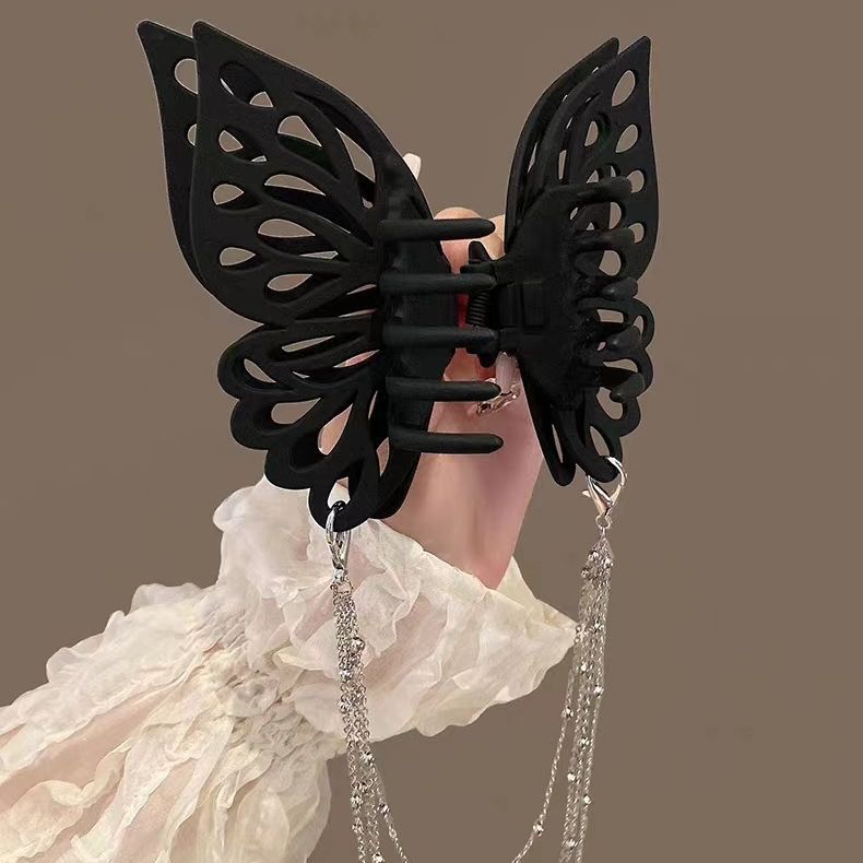 Wunderschöne große Haarnadel aus Kunstharz mit Schmetterling und langer Quaste, schwarz