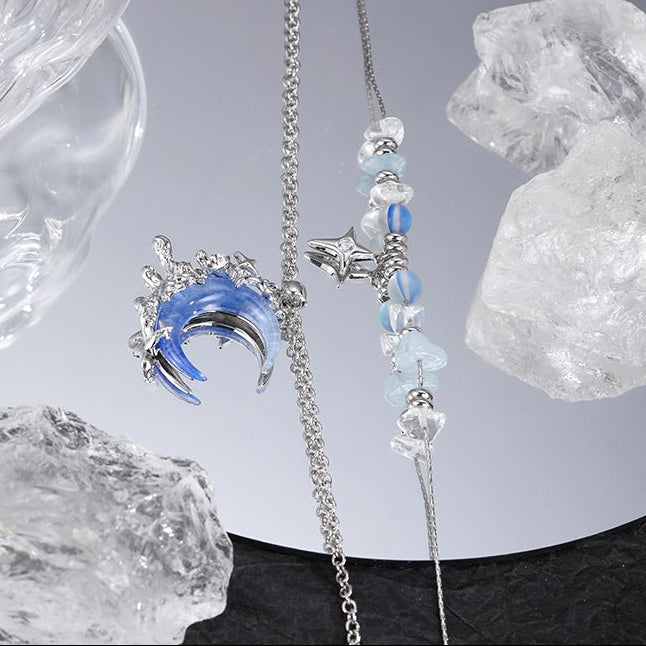 Y2K Blue Moon & Star Double Layer Necklace
