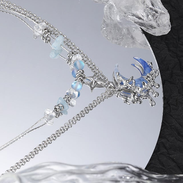 Y2K Blue Moon & Star Double Layer Necklace