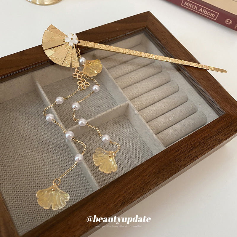 Chinese Style Gold Fan Floral Tassel Hairpin