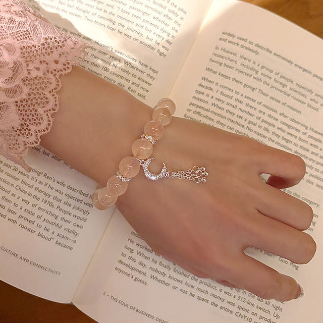 Sweet Pink Crystal Moon Fringe Beaded Bracelet