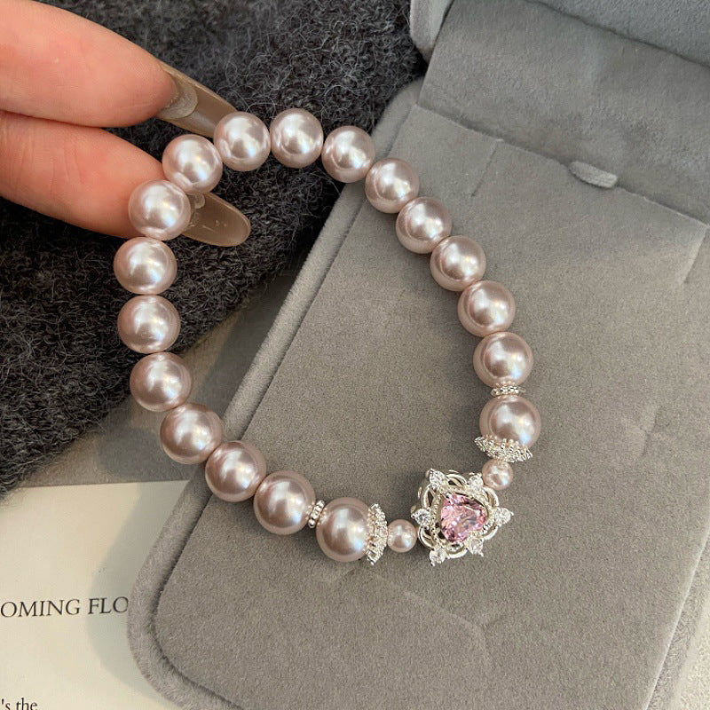 Sweet Heart & Rose Zircon Pearl Bracelet