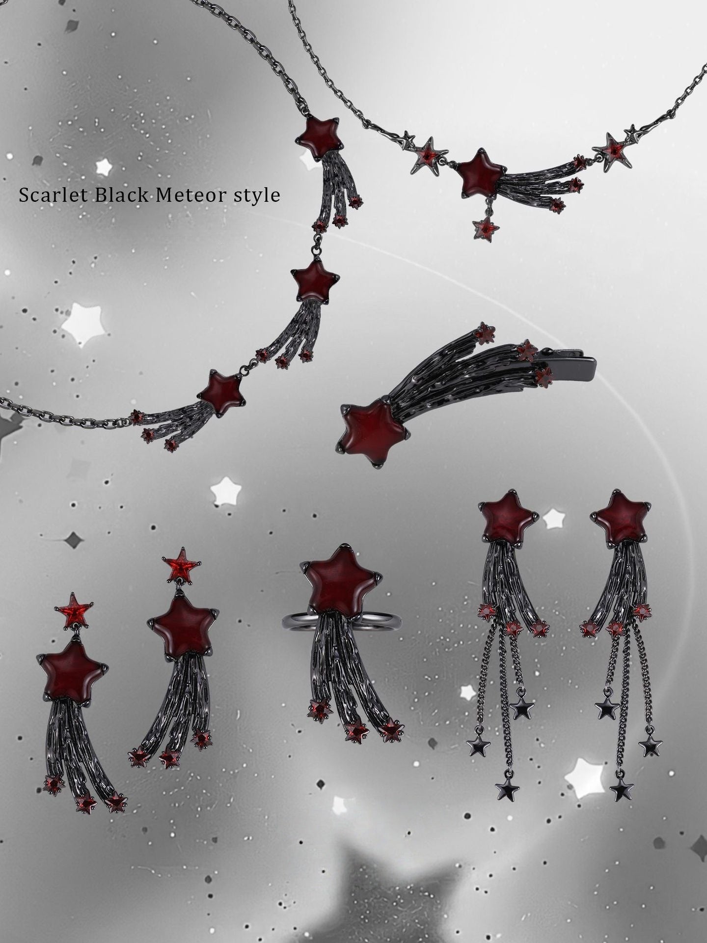 Goth Scarlet Black Meteor Tassel Earrings