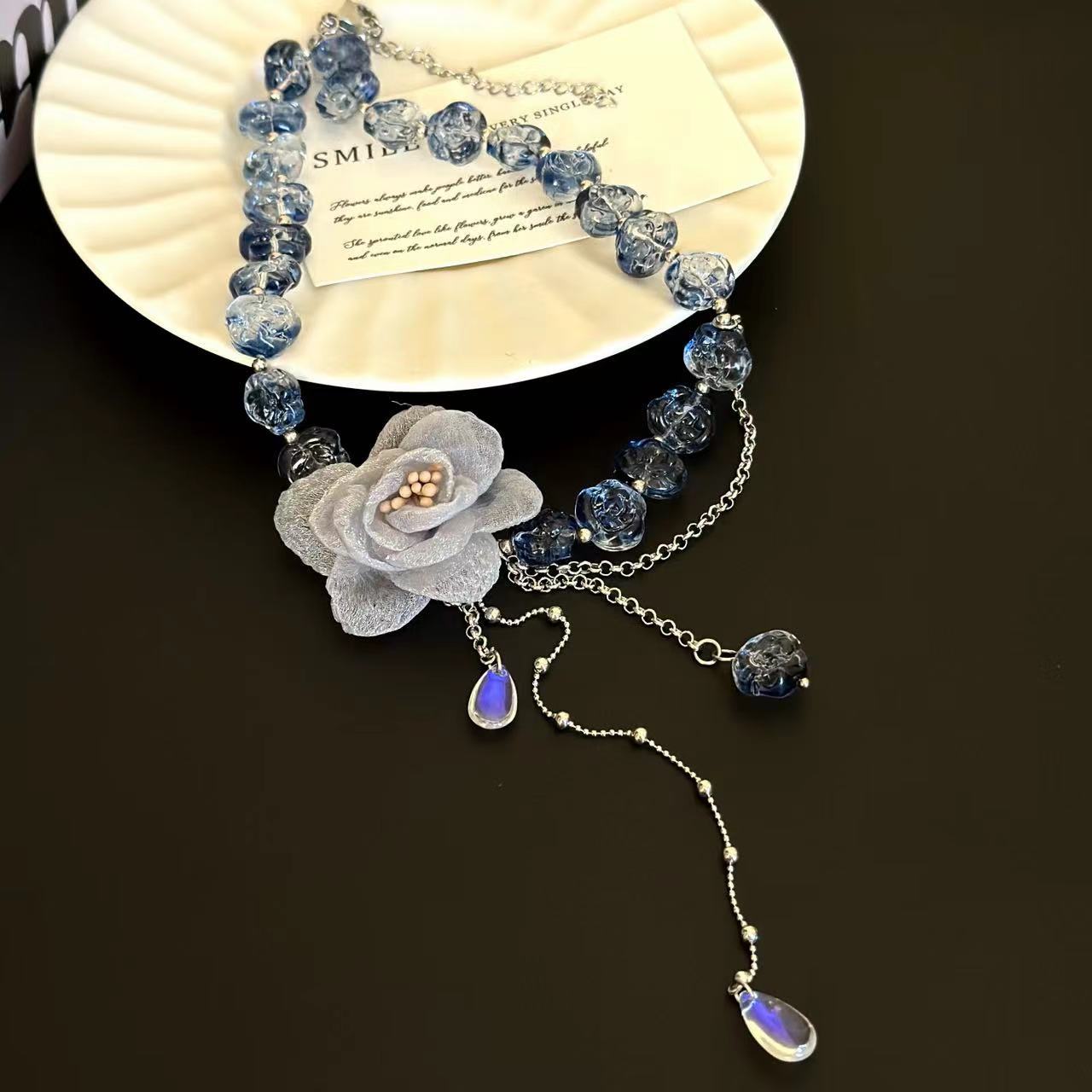 Süßes Mädchen Blau Organza Blume Perlen Quaste Choker Halskette
