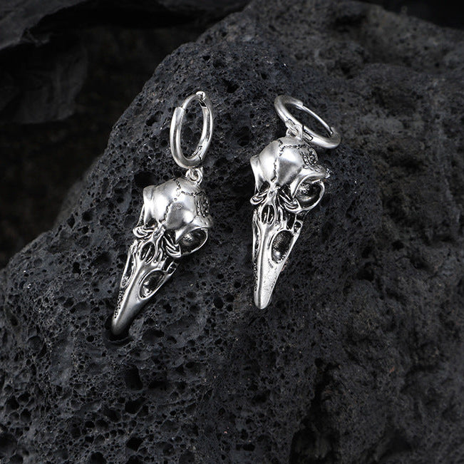Goth Dark Raven Skull Hoop Earrings