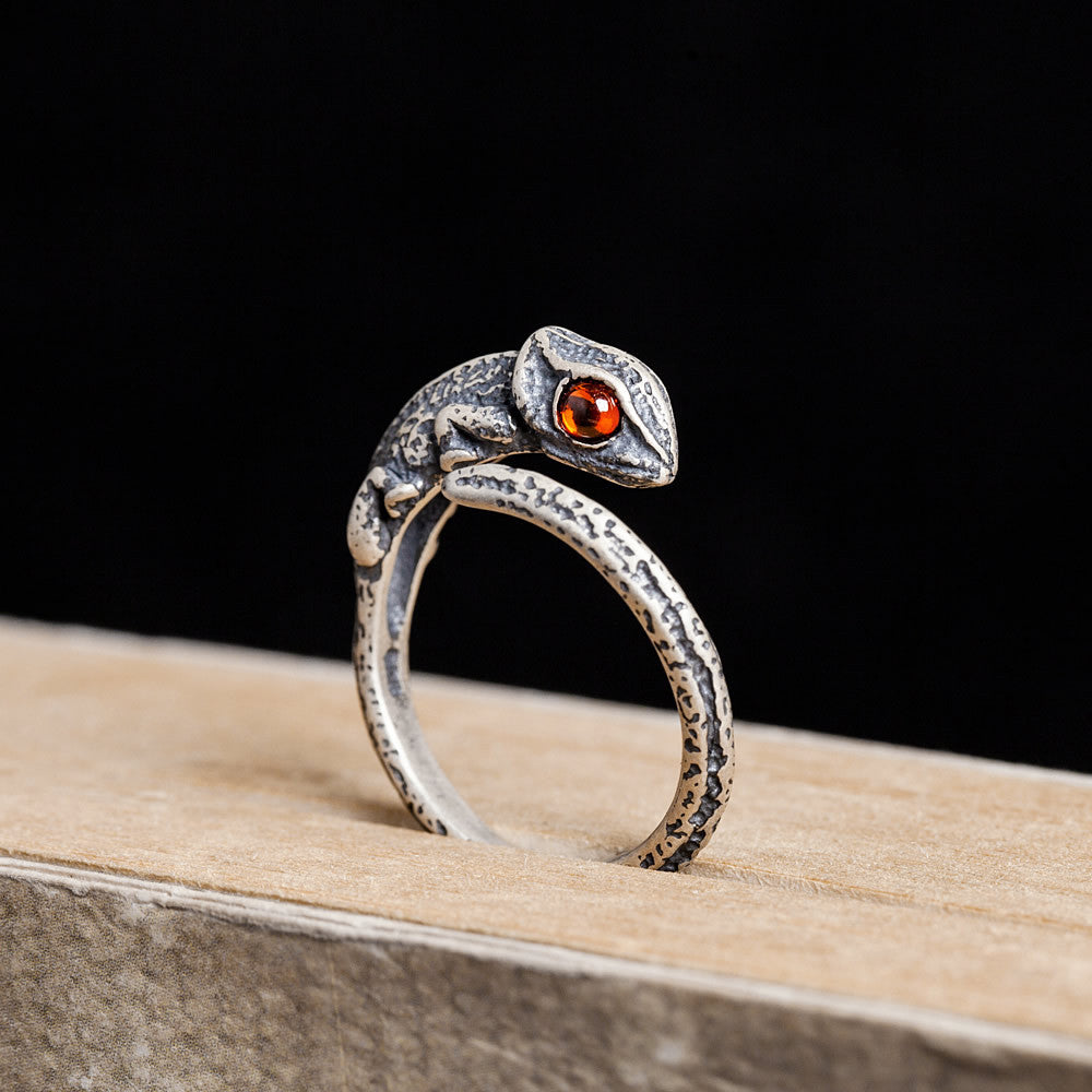 Vintage Unisex S925 Silber Eidechse Rotes Auge Offener Ring
