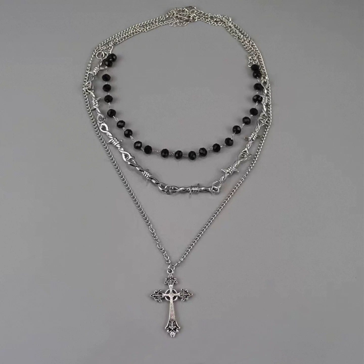 Y2K Goth Vintage Cross Beads Multi-Layer Necklace