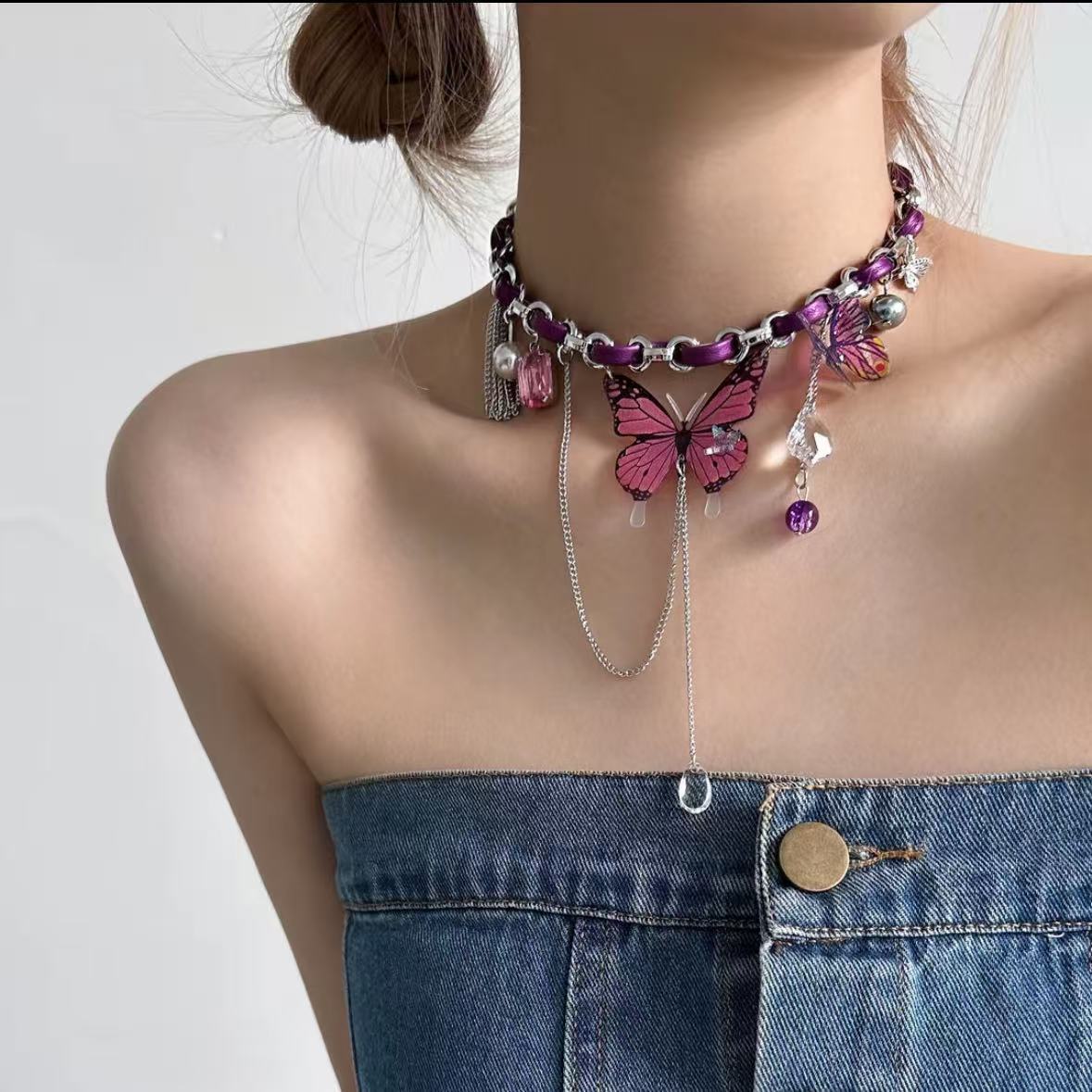 Y2K Sweet Girl Purple Butterfly Choker Necklace