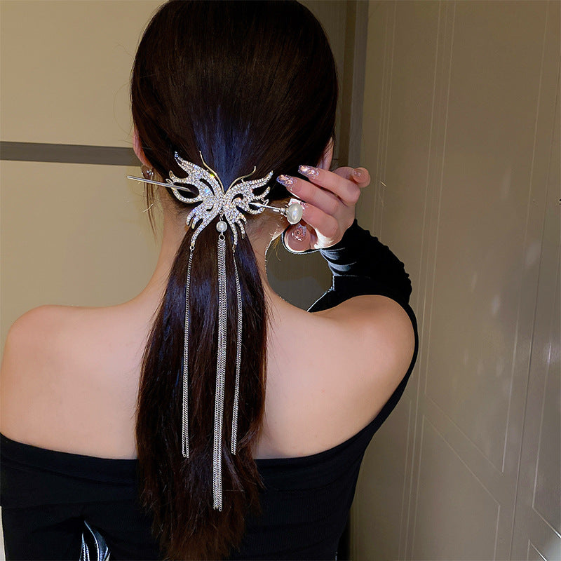 Designer Rhinestone Shining Butterfly Tassel Hairpin