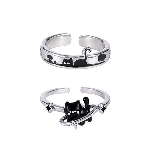 Cute Doodle Black Cat Couple Rings