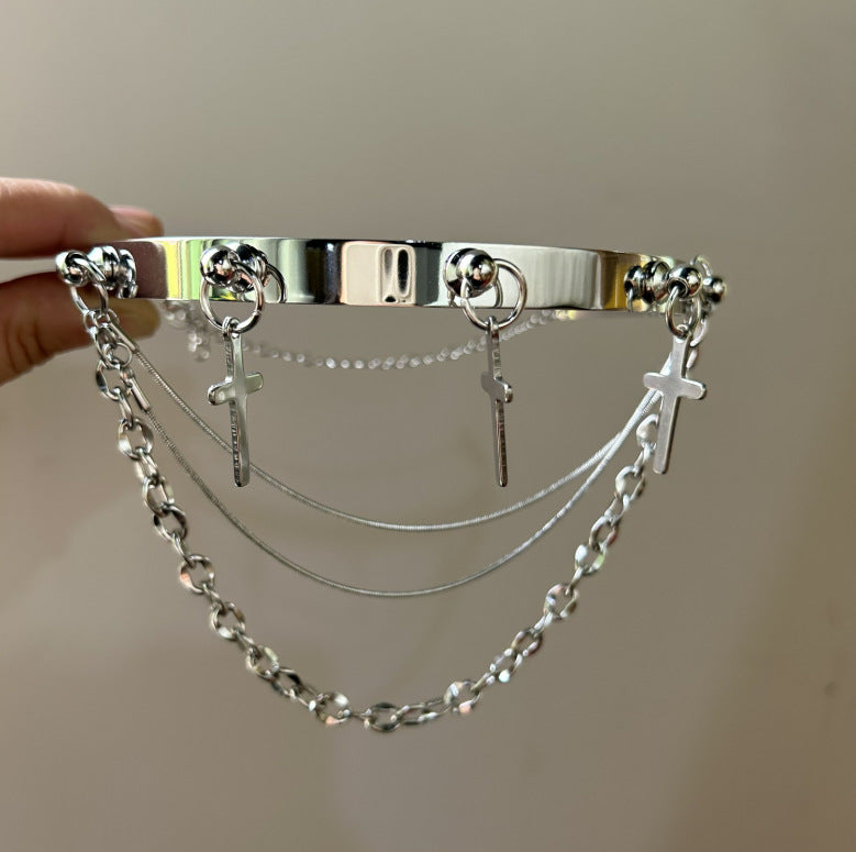Exquisite Unisex Silver Cross Tassel Choker