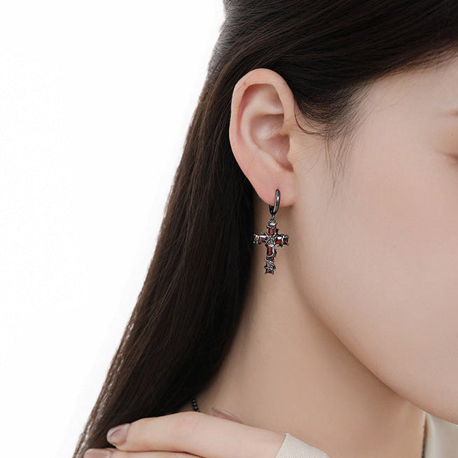 Goth Red Thorn Cross Hoop Earrings
