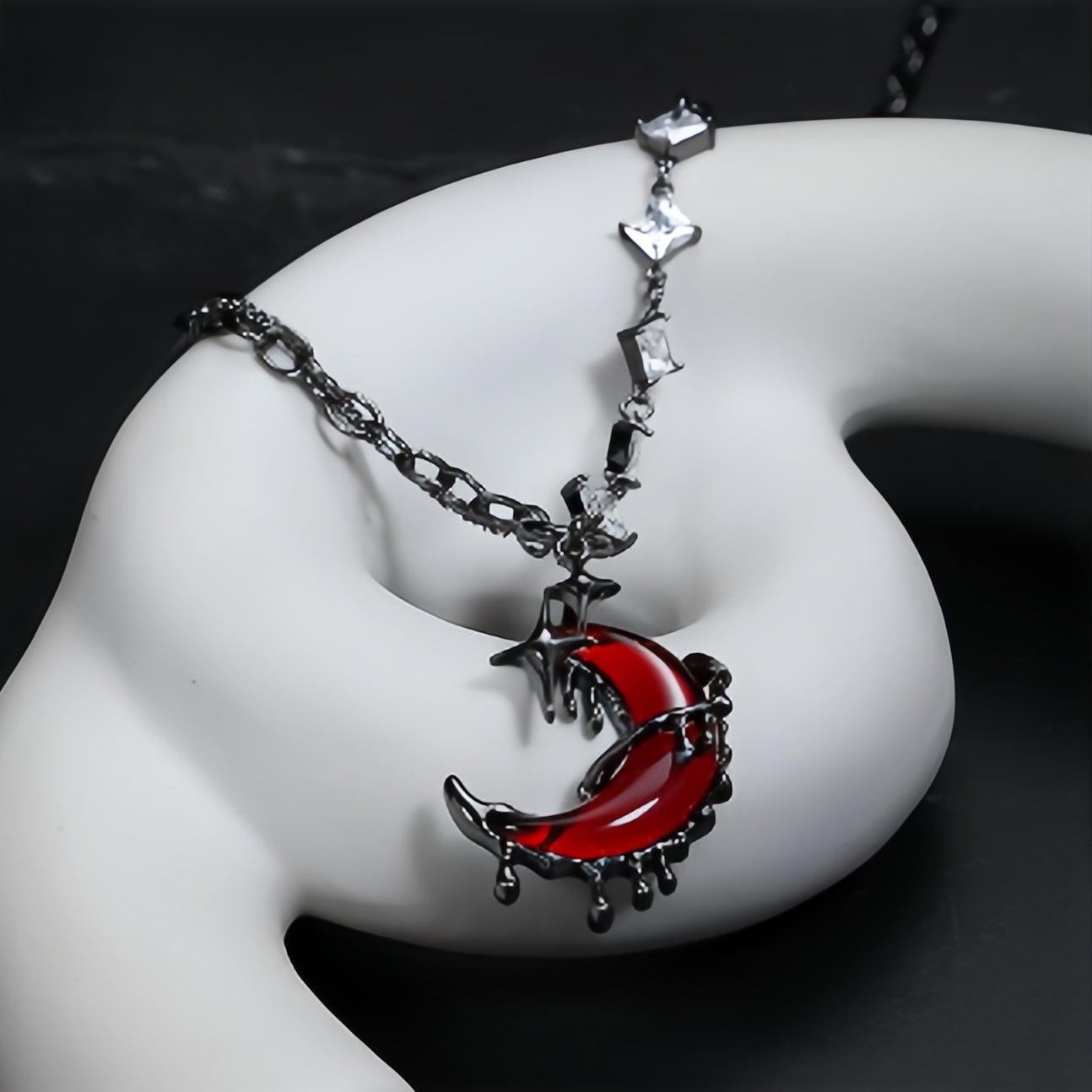 Goth Blood Moon Shining Star Rhinestone Necklace