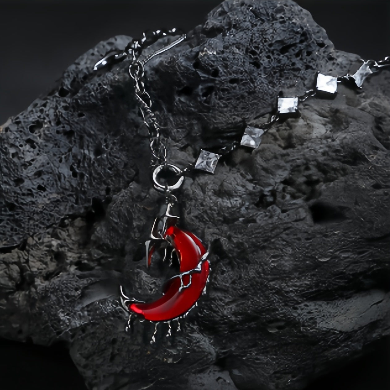 Goth Blood Moon Shining Star Rhinestone Necklace