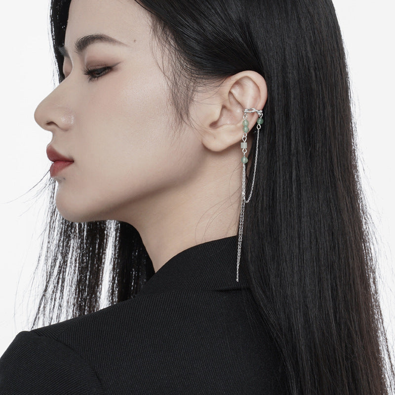 Ohrmanschette mit Quaste aus S925er Silber mit grünen Aventurinperlen (einzeln)